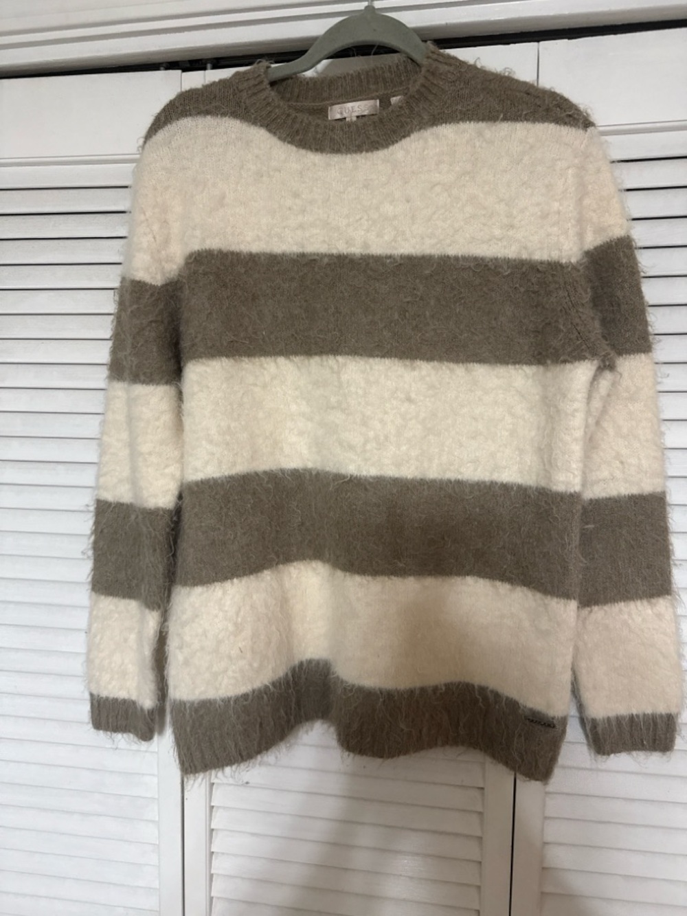 Guess Striped Fuzzy Crewneck Sweater - Cream & Brown